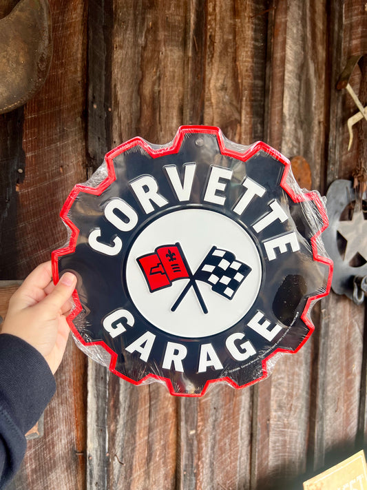 Corvette Garage Gear Die Cut Metal Sign 12"