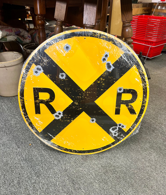 Railroad Crossing with Bullet Holes 24 inch Large Round Metal Sign