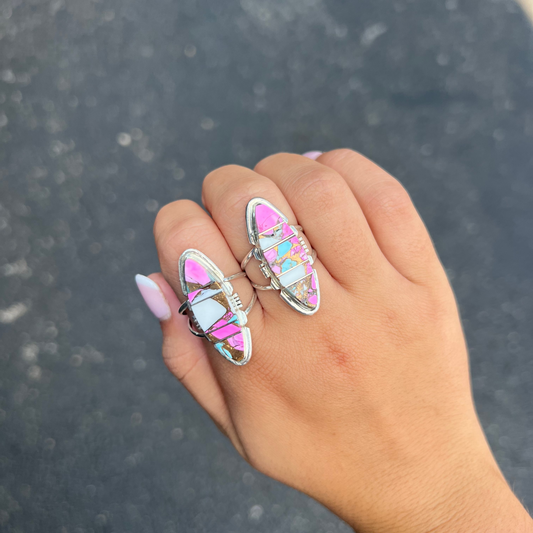 Cotton Candy Spiny Oyster and Turquoise Inlay Marquise Sterling Silver Ring