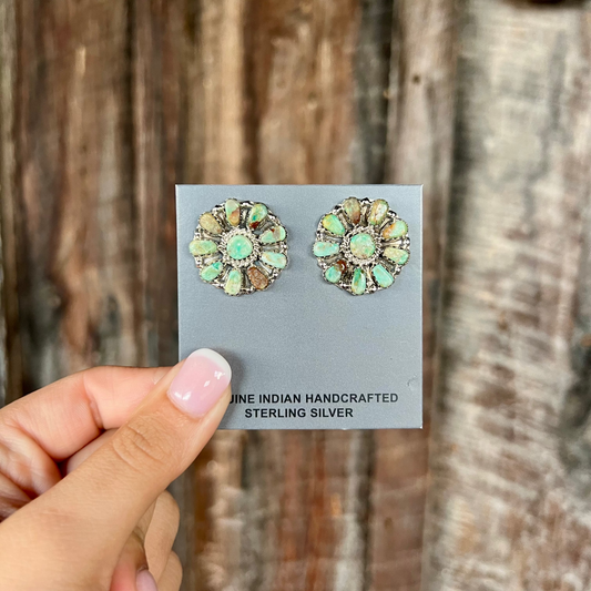 Genuine Green Kingman Turquoise 10 Stone Sterling Silver Cluster Earrings