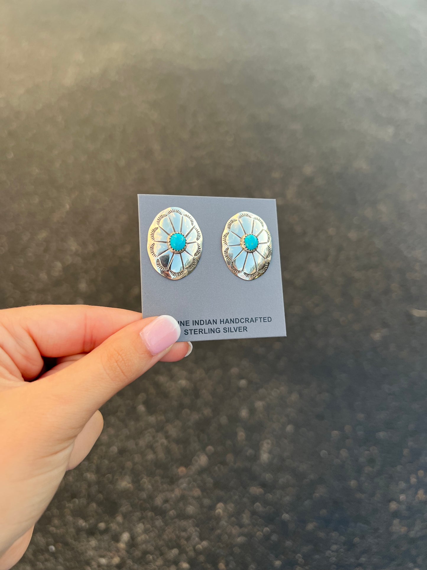 Genuine Turquoise Sterling Silver Oval Concho Earrings