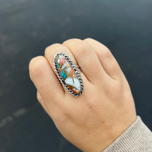 Genuine Turquoise and Spiny Oyster Oval Statement Ring