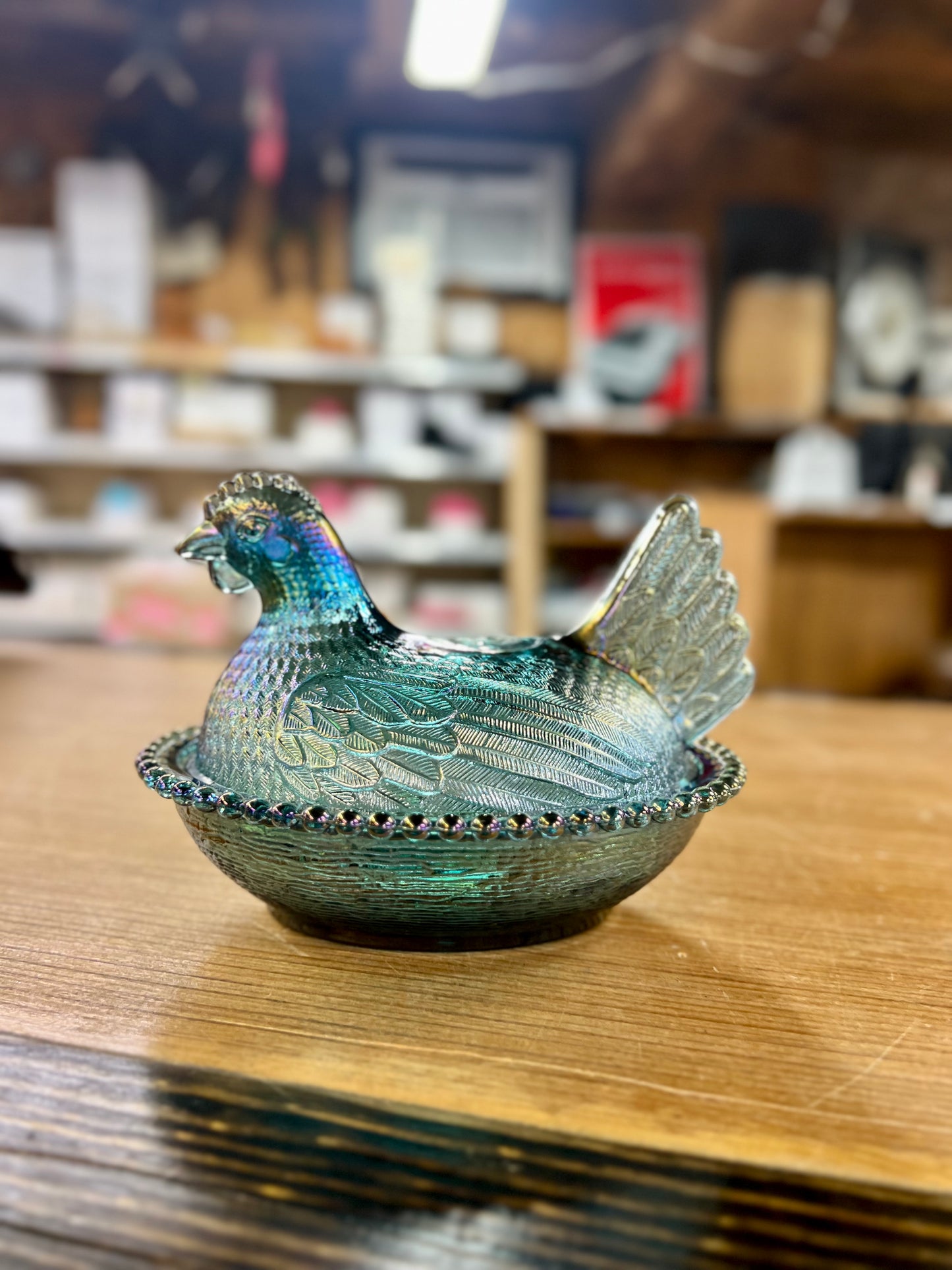 Vintage Hen on Nest Carnival Glass Candy Dish