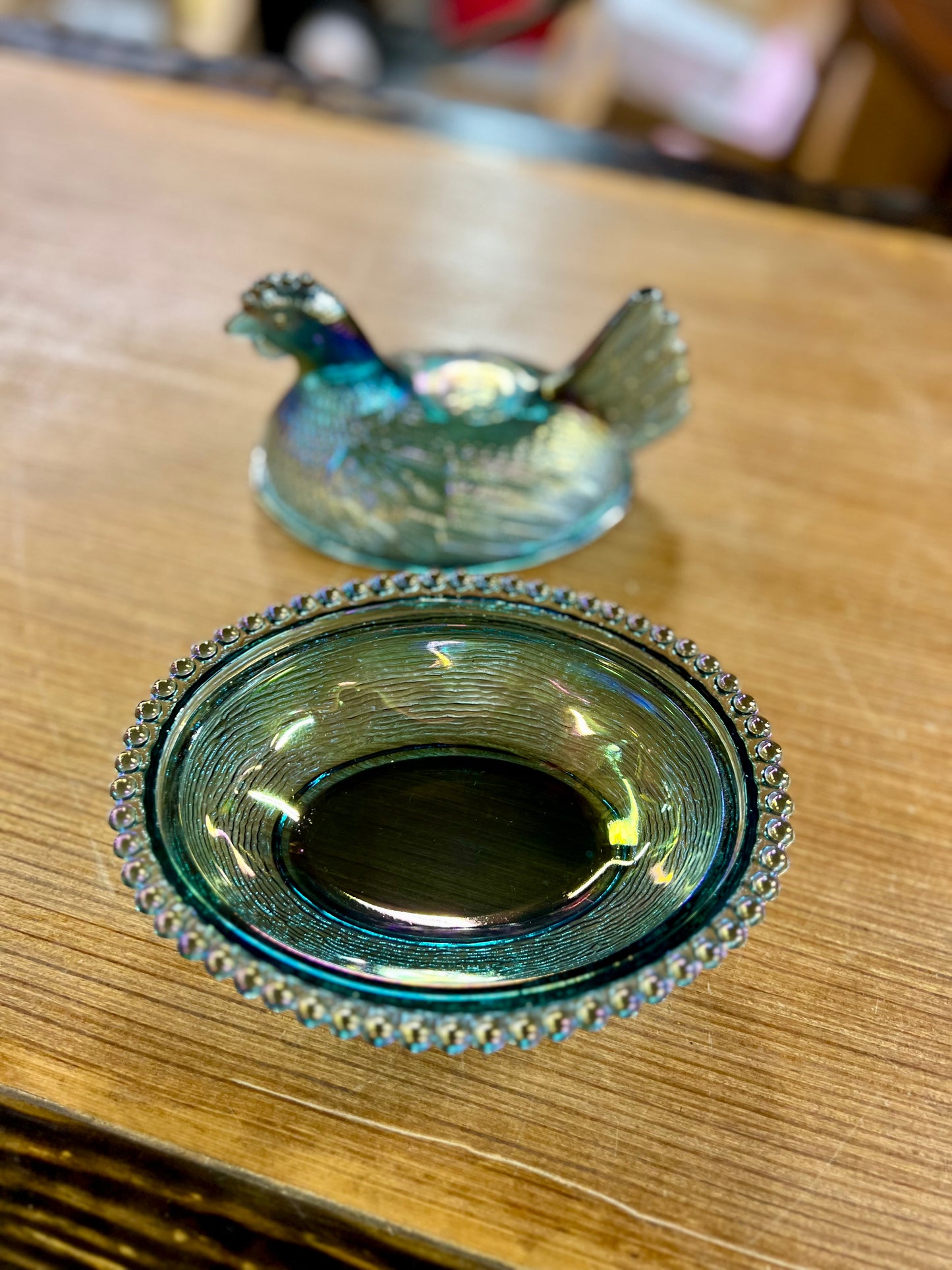 Vintage Hen on Nest Carnival Glass Candy Dish