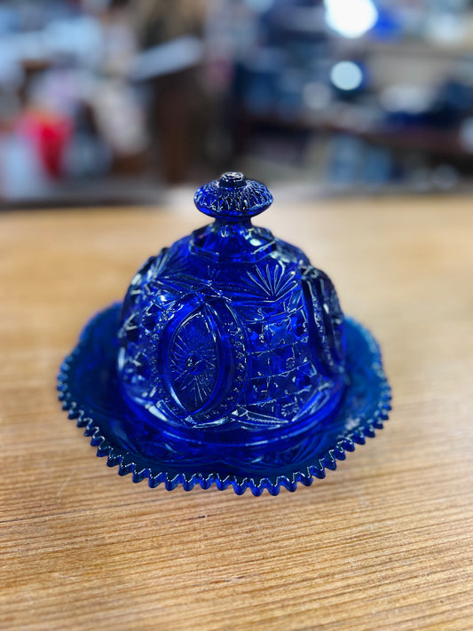 Vintage Cobalt Blue Glass Round Dome Covered Butter/Cheese Dish