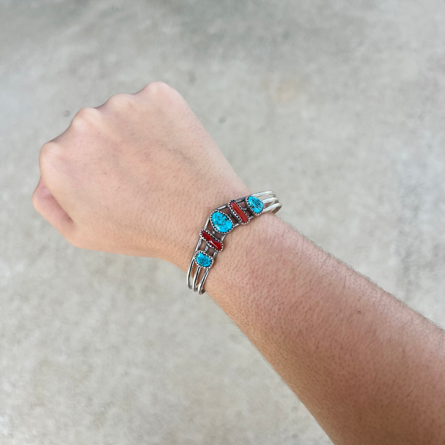 Genuine Kingman Turquoise and Coral Sterling Silver Sweater Bracelet