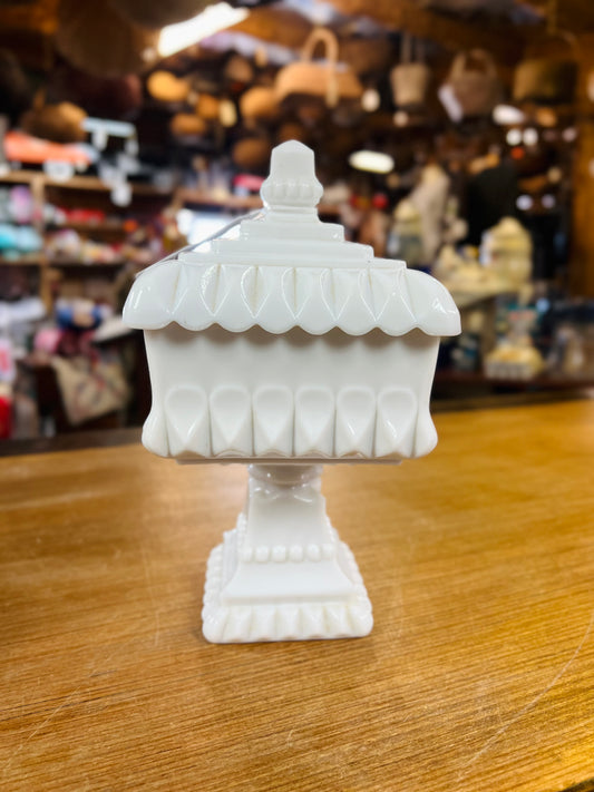 Vintage Milk Glass Wedding Box Pedestal with Lid