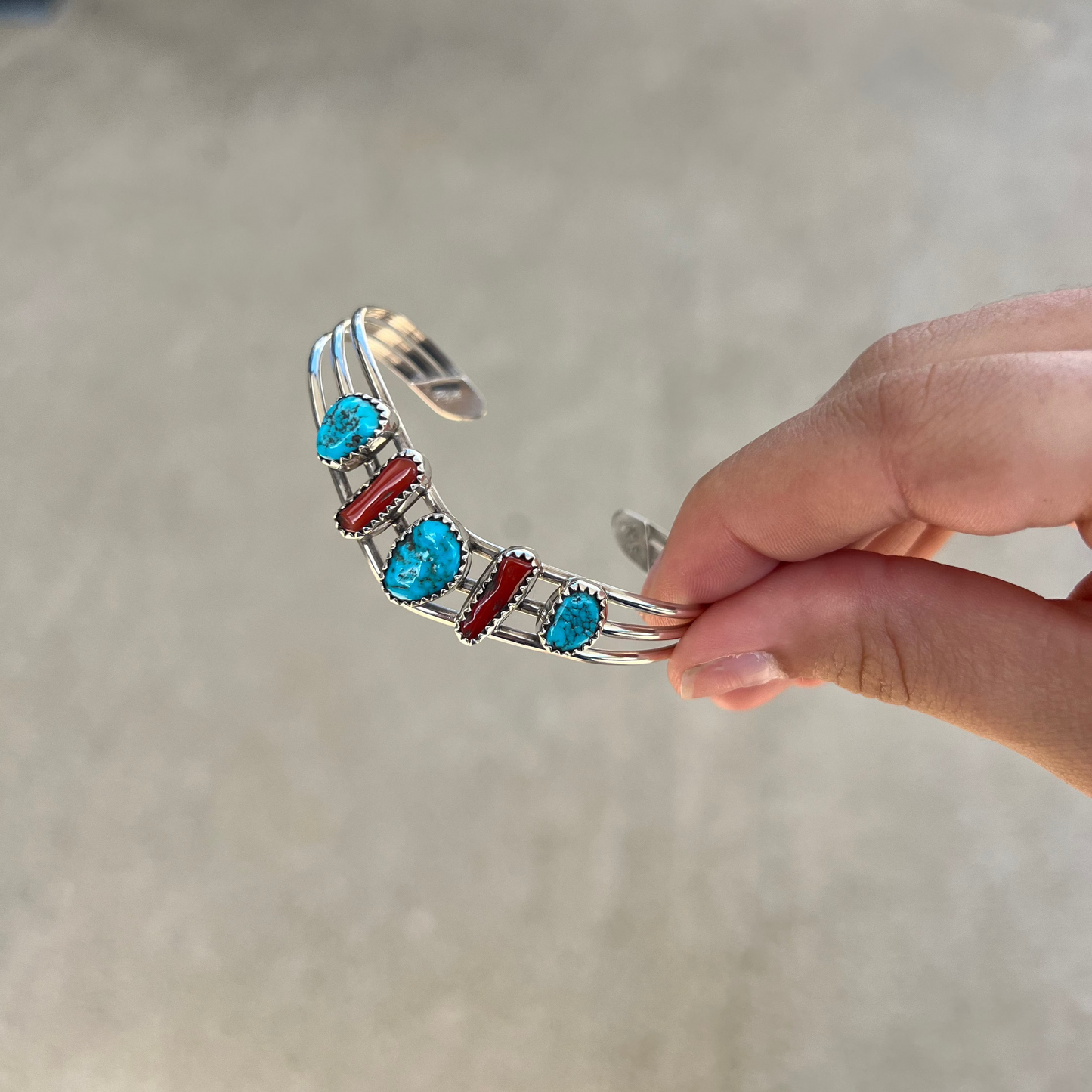 Genuine Kingman Turquoise and Coral Sterling Silver Sweater Bracelet