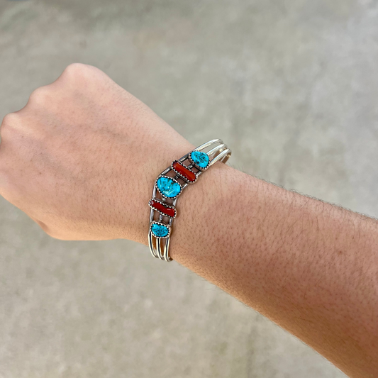 Genuine Kingman Turquoise and Coral Sterling Silver Sweater Bracelet