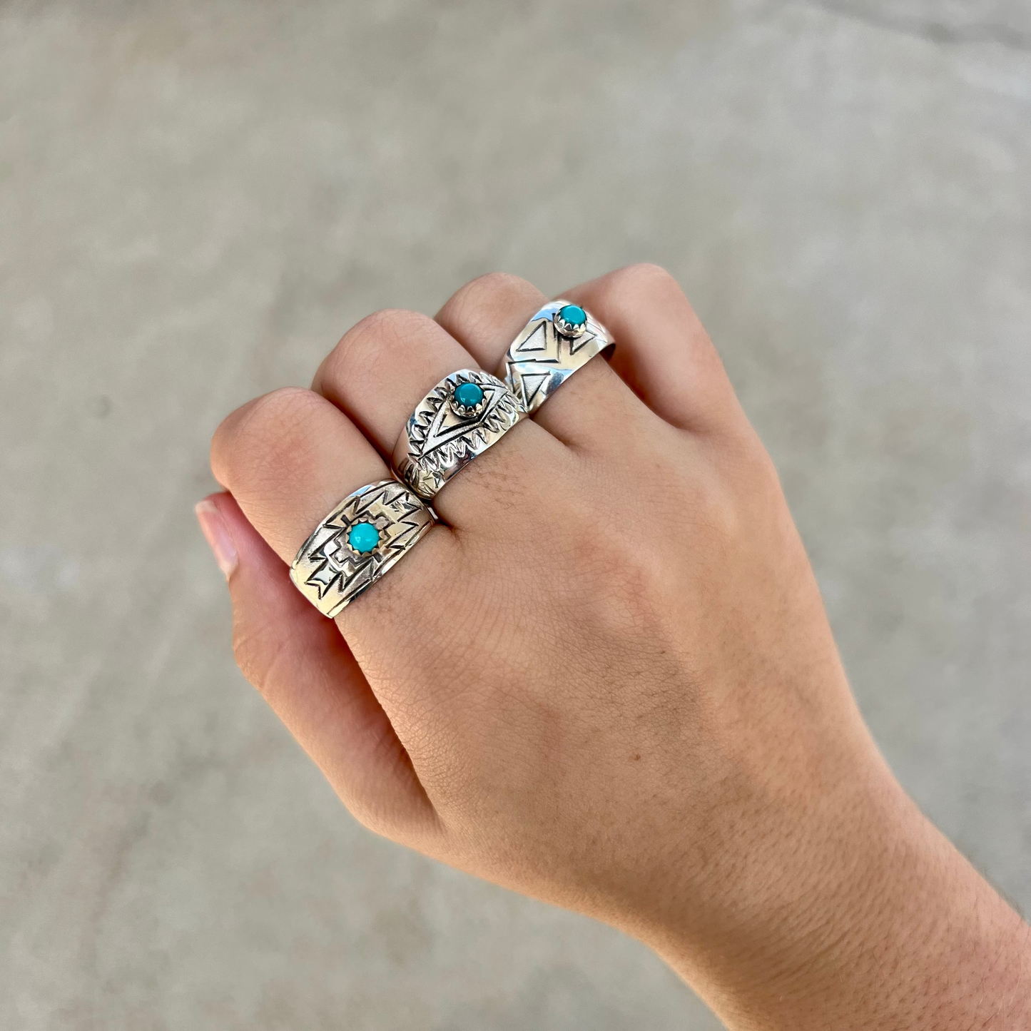 Kingman Turquoise Aztec Stamped Wide Band Ring