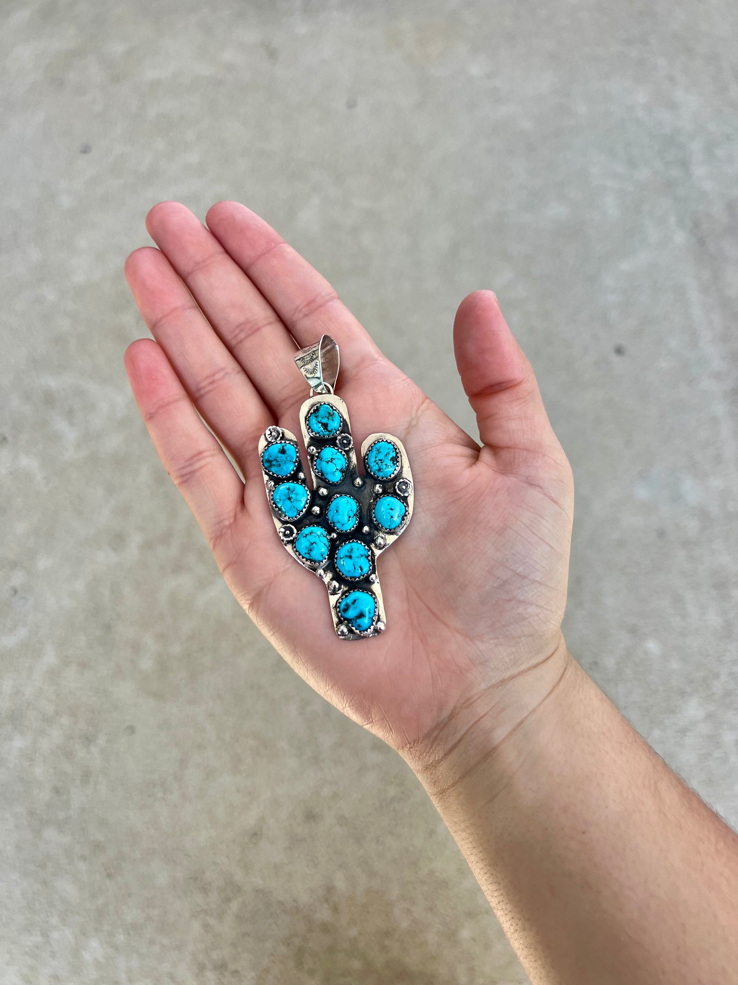 10 Stone Kingman Turquoise Cactus Sterling Silver Pendant