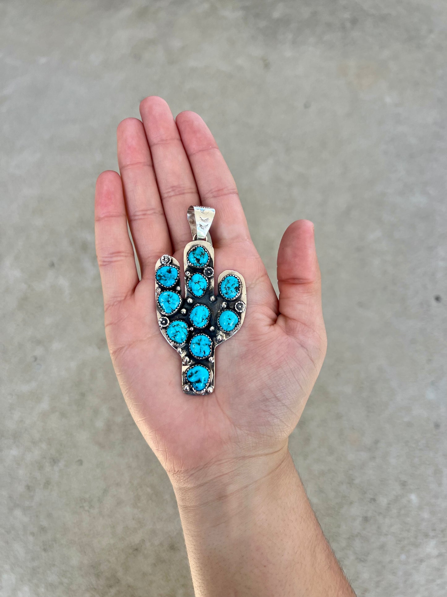 10 Stone Kingman Turquoise Cactus Sterling Silver Pendant