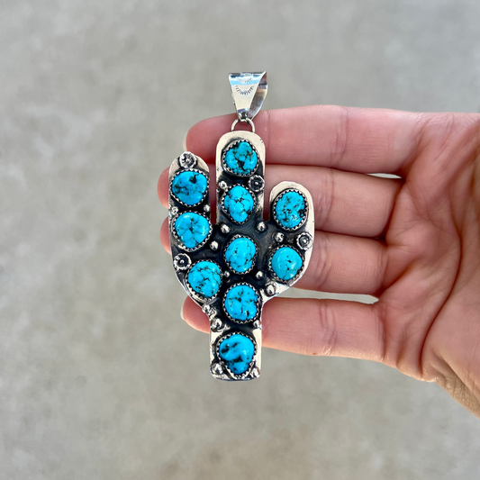10 Stone Kingman Turquoise Cactus Sterling Silver Pendant