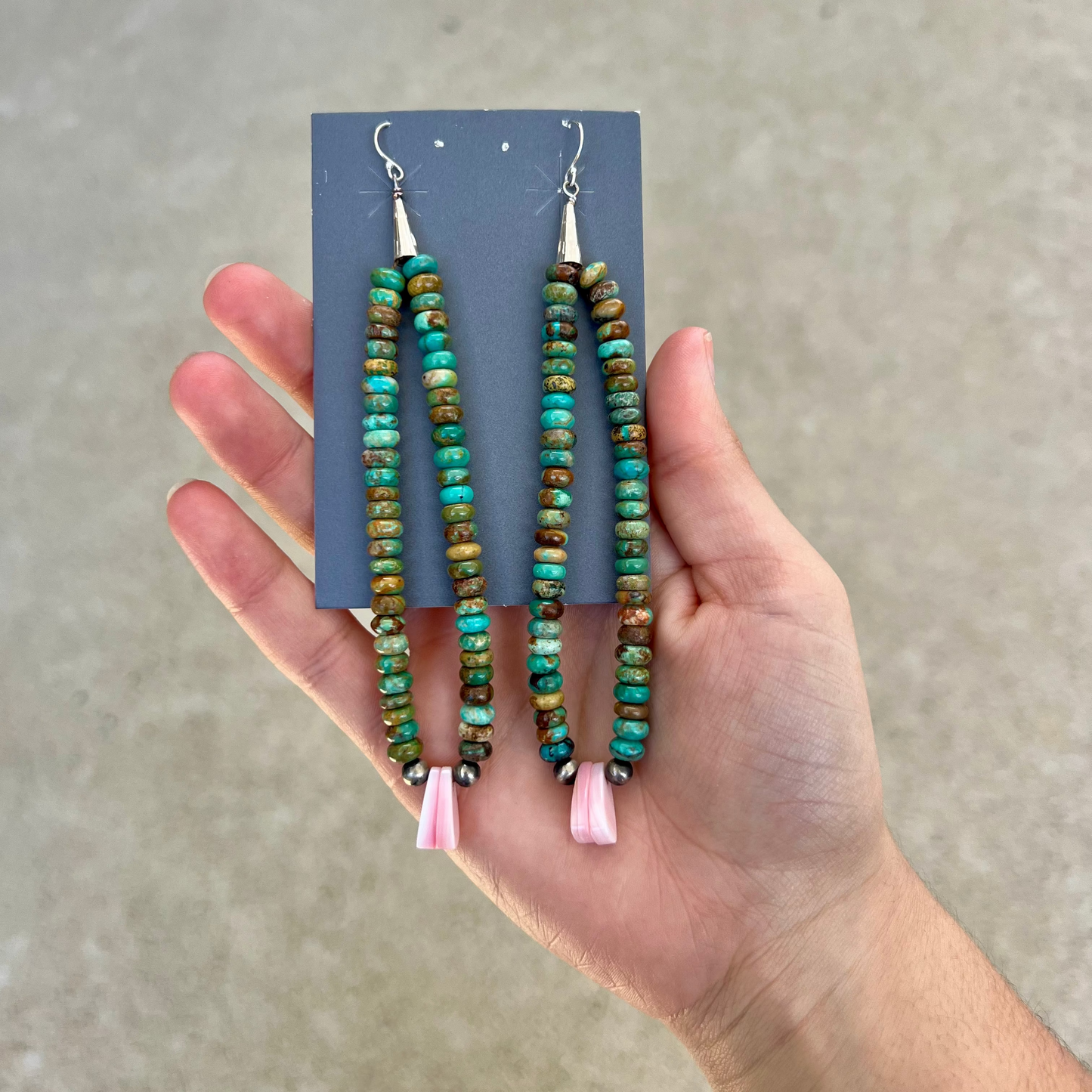 Genuine Turquoise Rondelles, Navajo Pearl, and Pink Conch Earrings