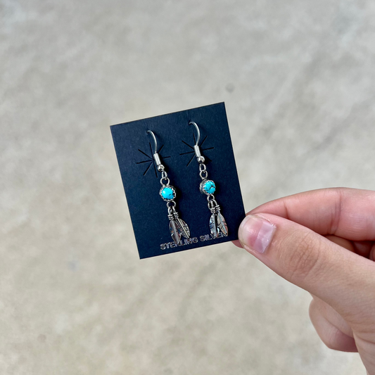 Genuine Turquoise Double Feather Dangle Earrings