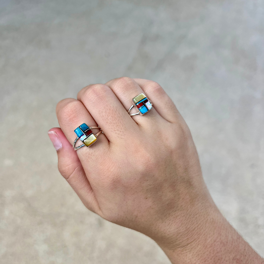 The Ring of Many Colors - Sterling Silver Turquoise, Coral, Opal, Spiny Oyster Inlay