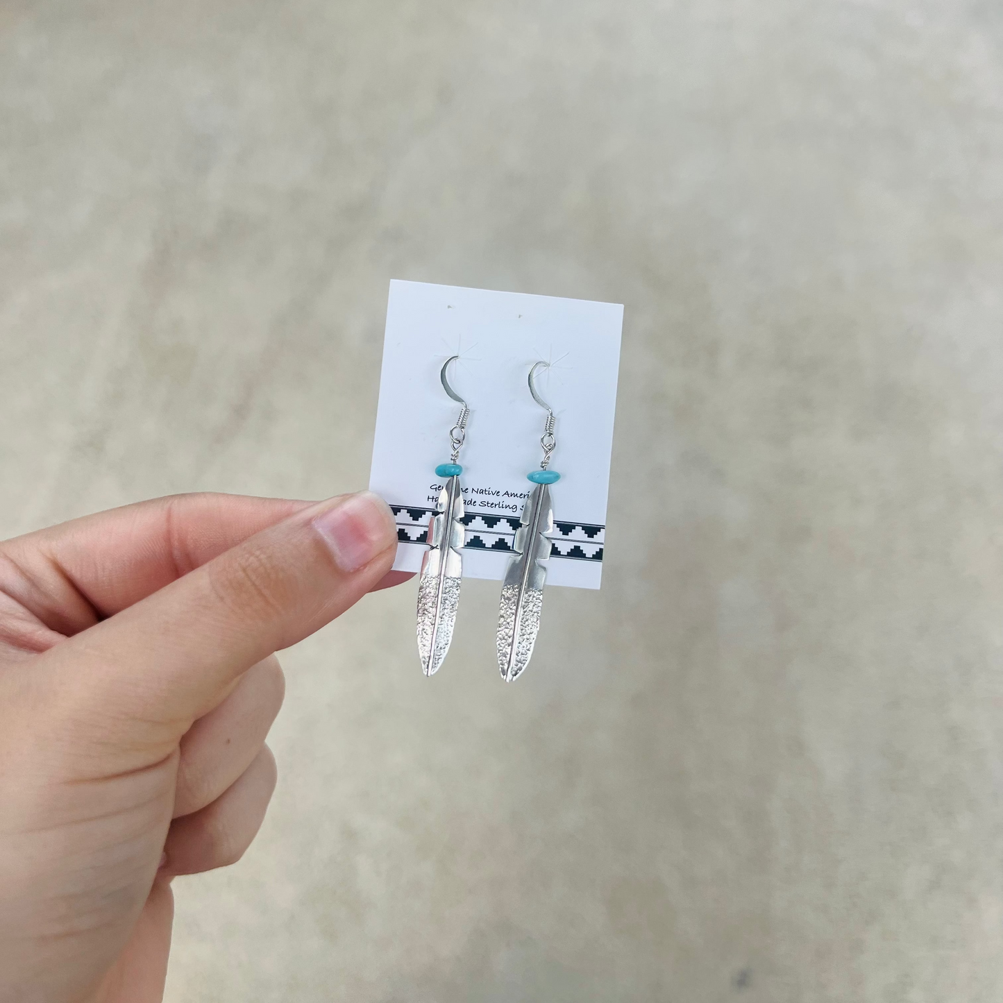 Sterling Silver Long Feather Earrings with Turquoise Nugget