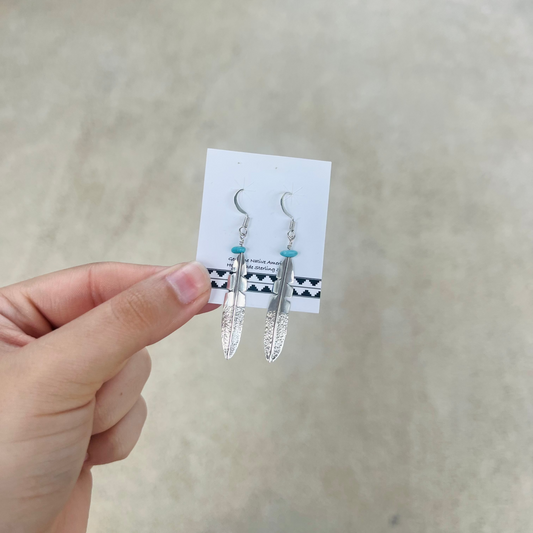 Sterling Silver Long Feather Earrings with Turquoise Nugget