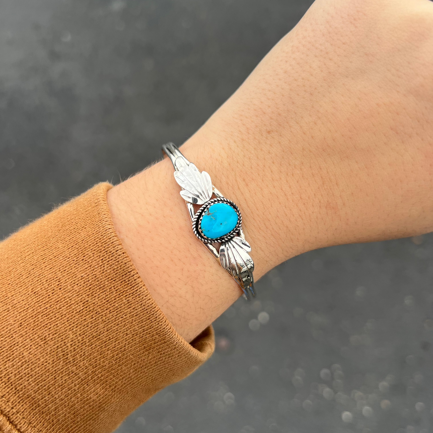 Kingman Turquoise and Sterling Silver Leaves Bracelet