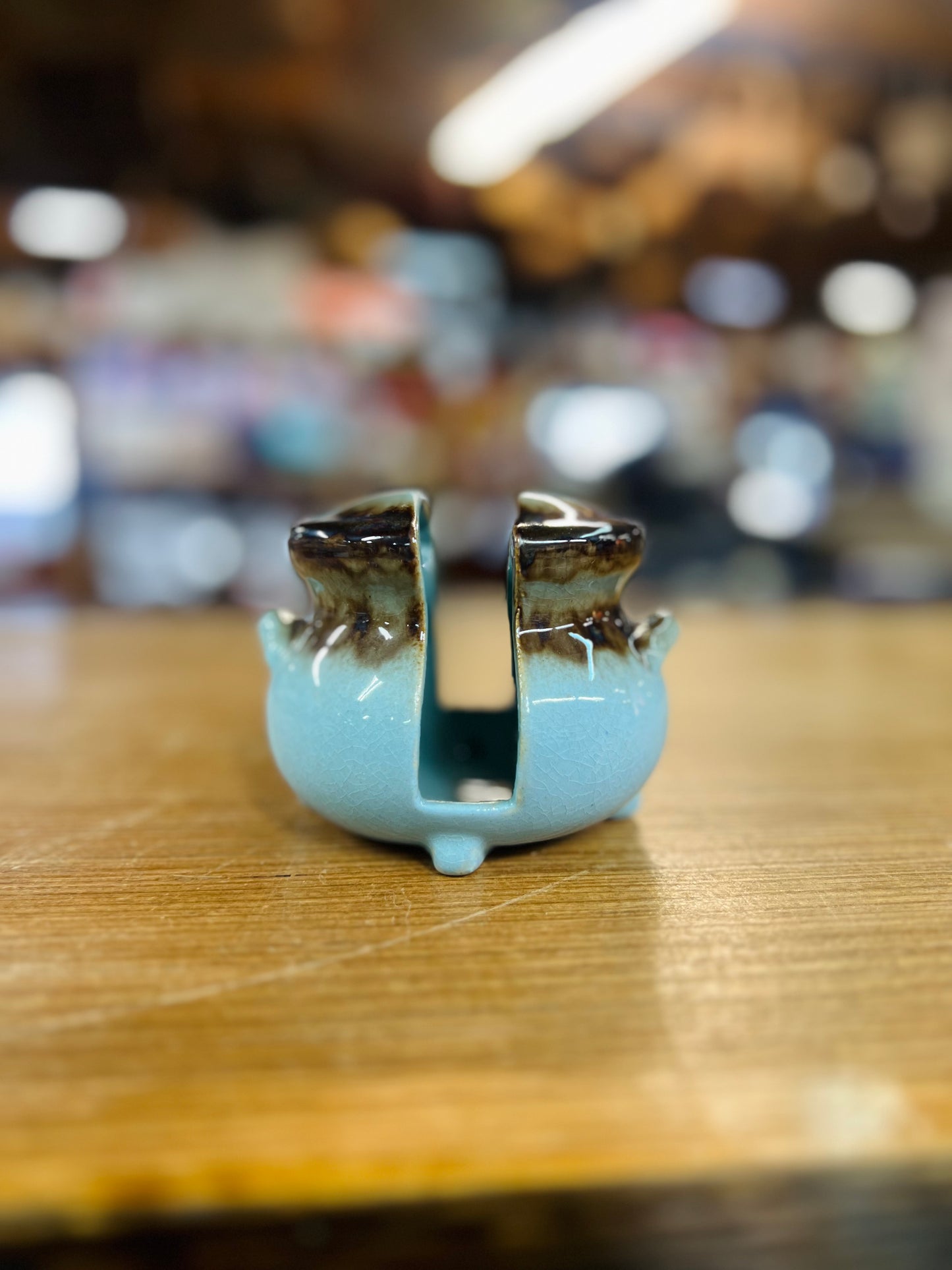 Vintage Turquoise & Brown Glaze Redcliff Alberta Ceramic Planter/Pot with Split