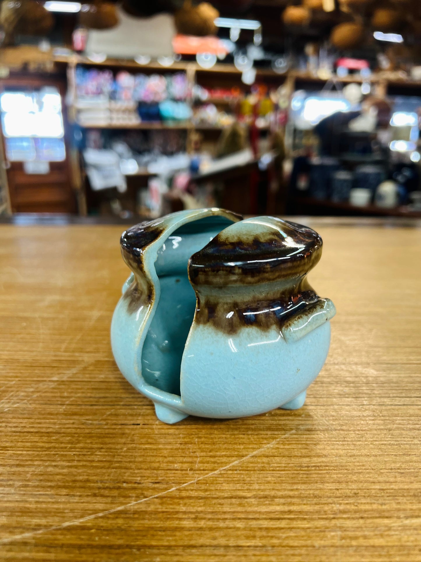Vintage Turquoise & Brown Glaze Redcliff Alberta Ceramic Planter/Pot with Split
