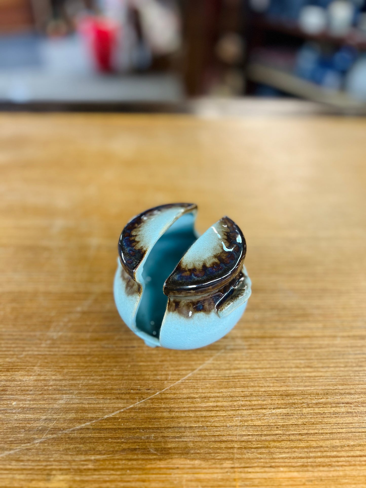 Vintage Turquoise & Brown Glaze Redcliff Alberta Ceramic Planter/Pot with Split