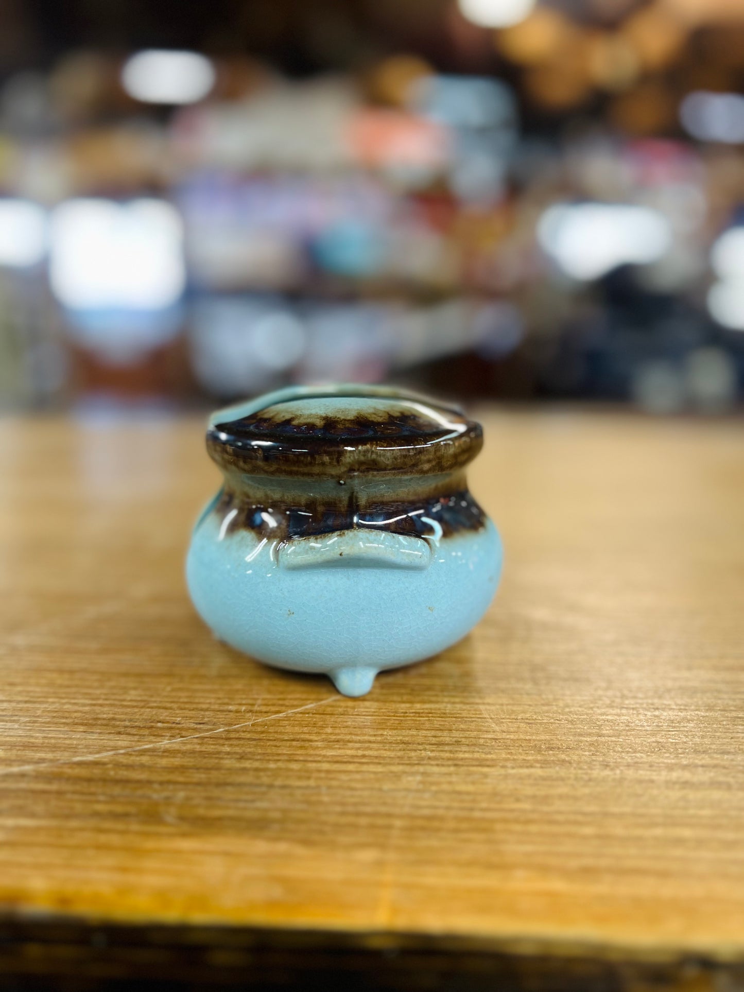 Vintage Turquoise & Brown Glaze Redcliff Alberta Ceramic Planter/Pot with Split