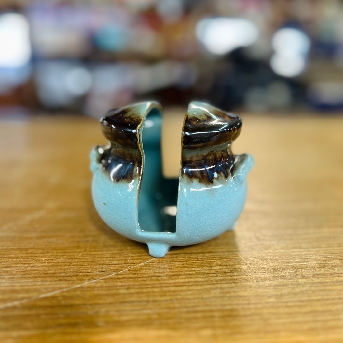 Vintage Turquoise & Brown Glaze Redcliff Alberta Ceramic Planter/Pot with Split