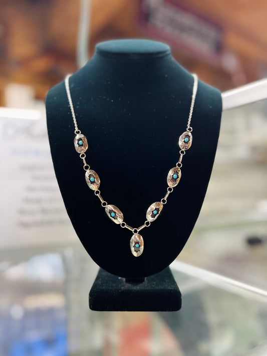 Genuine Turquoise and Sterling Silver Oval Aztec Shadowbox Necklace