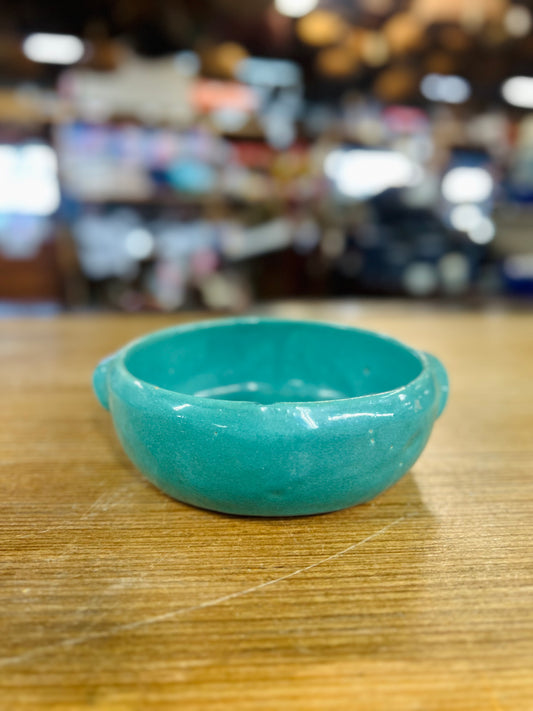 Vintage Turquoise Pottery Bowl with Side Handles