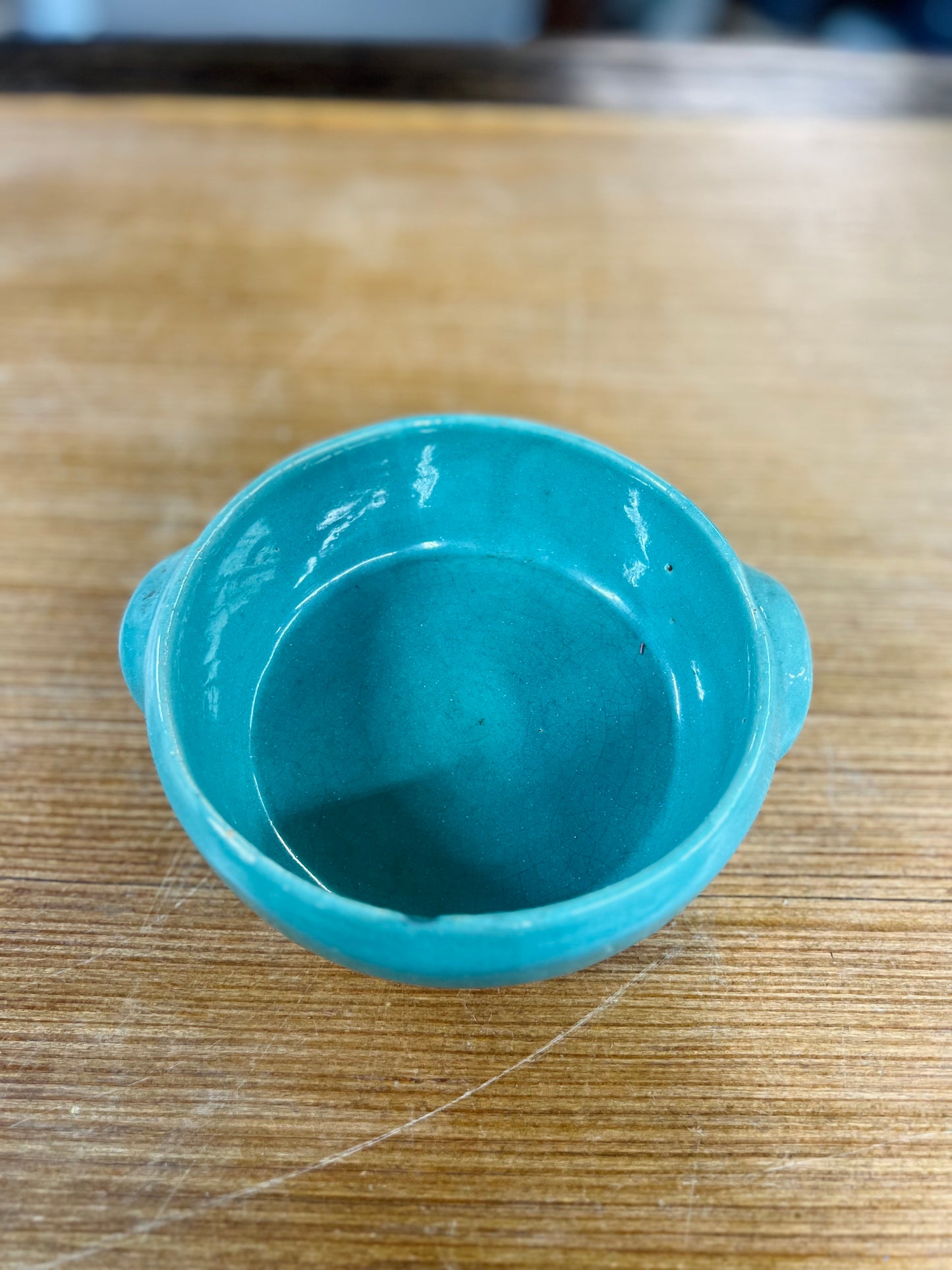 Vintage Turquoise Pottery Bowl with Side Handles