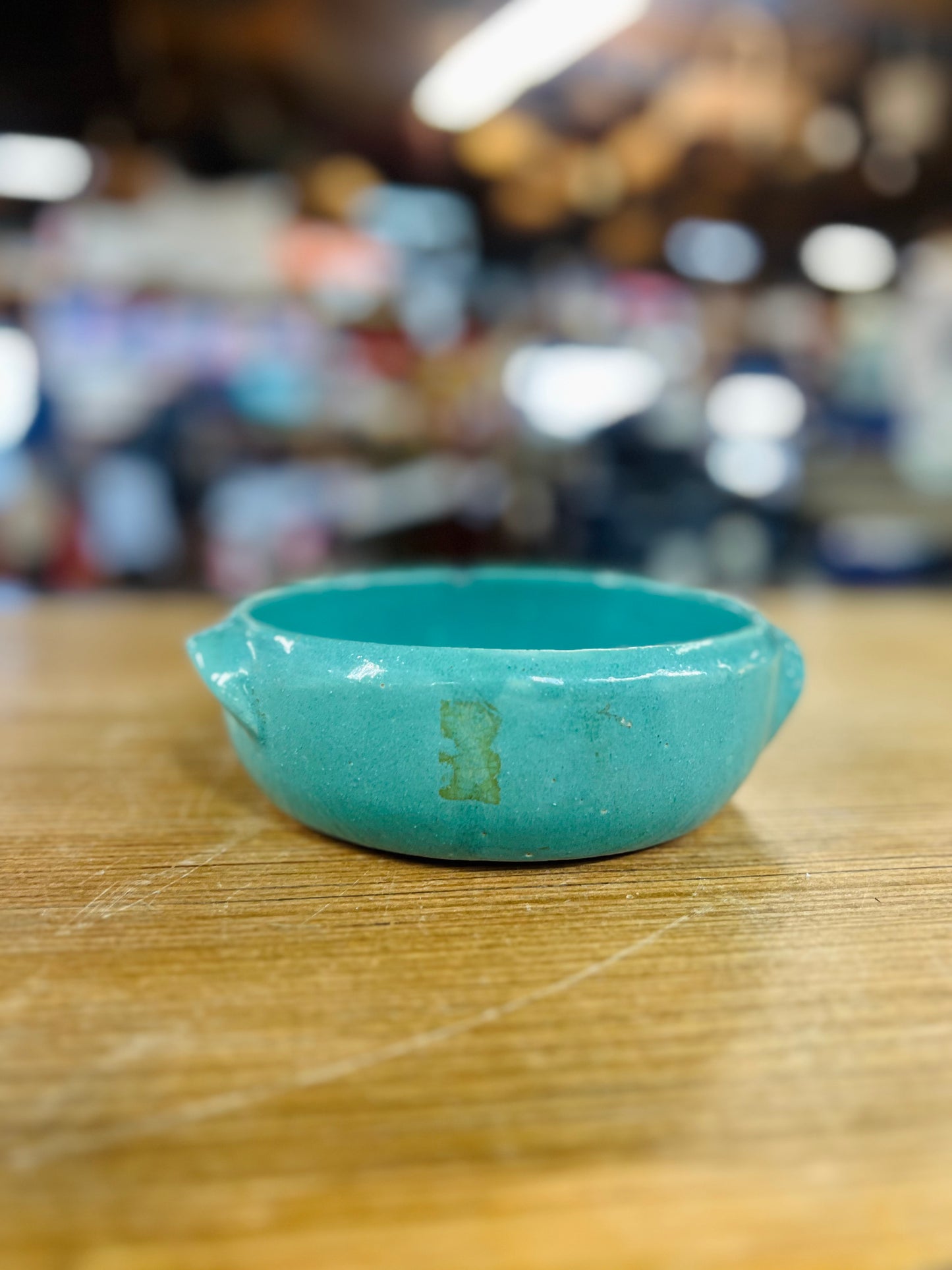 Vintage Turquoise Pottery Bowl with Side Handles