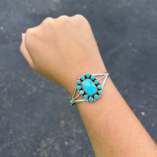 Genuine Turquoise Sterling Silver Square Cluster Cuff Bracelet