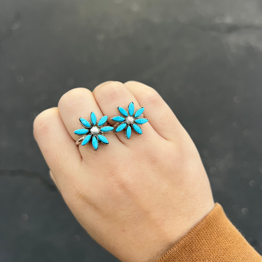 Genuine 8 Stone Turquoise Needlepoint Flower Sterling Silver Ring