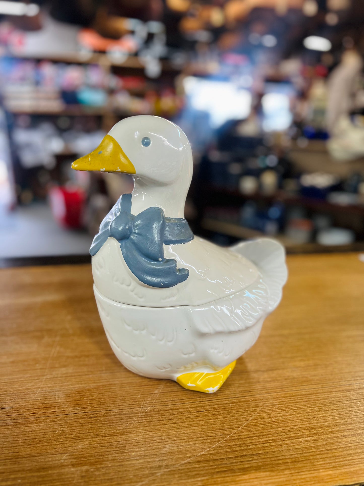 Vintage Mother Goose Cookie Jar with Blue Bow Scarf with Yellow Feet - Country Kitchen