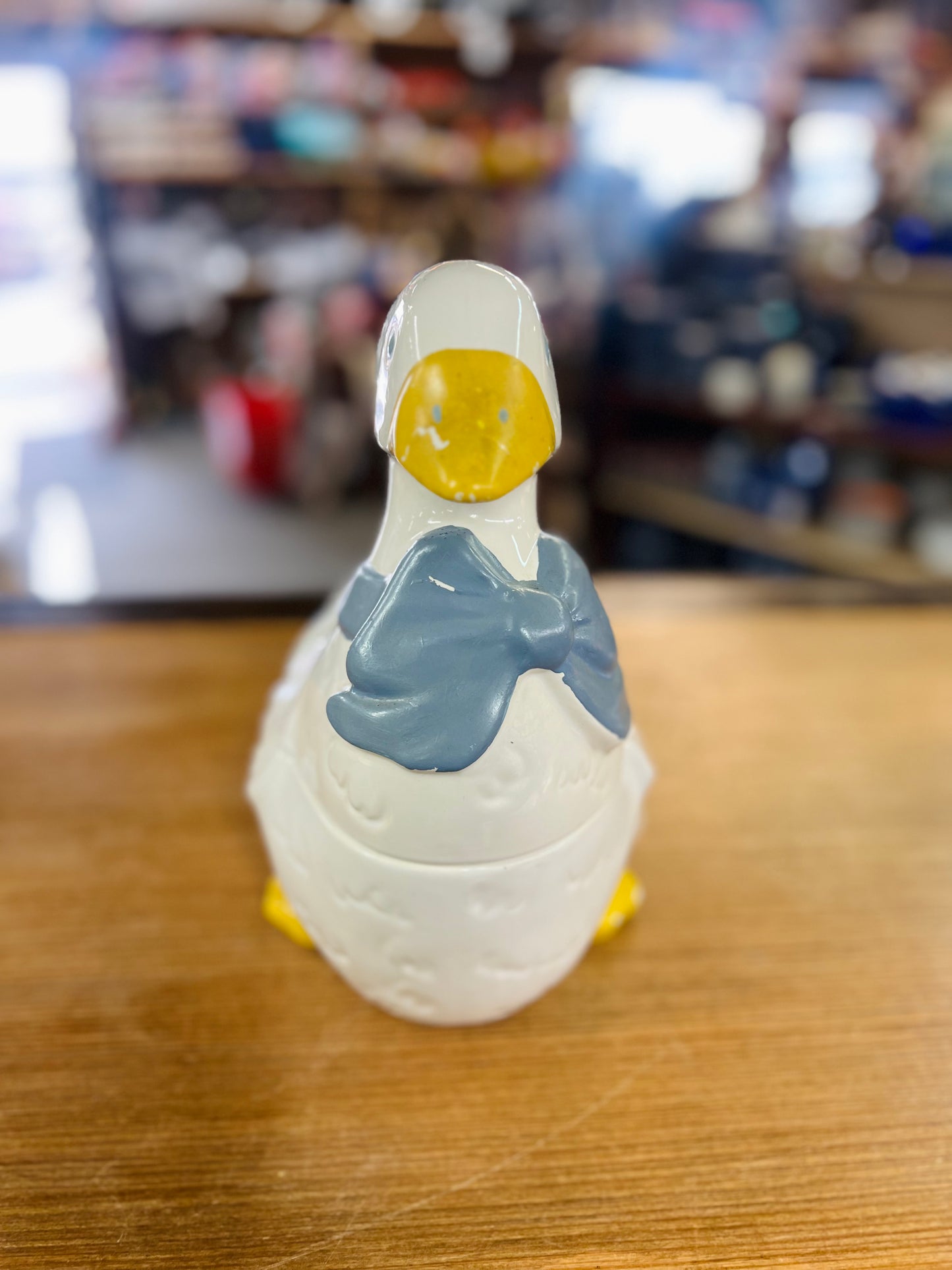 Vintage Mother Goose Cookie Jar with Blue Bow Scarf with Yellow Feet - Country Kitchen