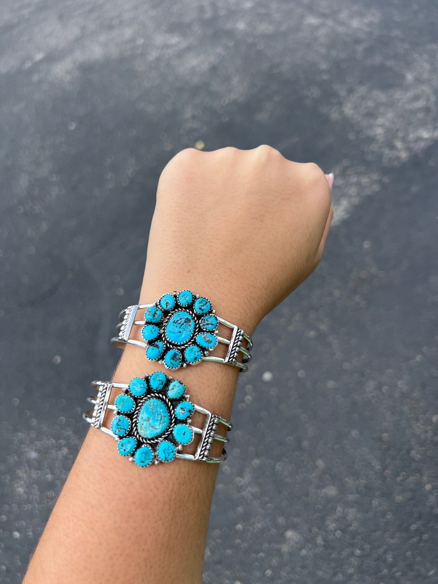 Genuine Kingman Turquoise Cluster Cuff Sterling Silver Bracelet