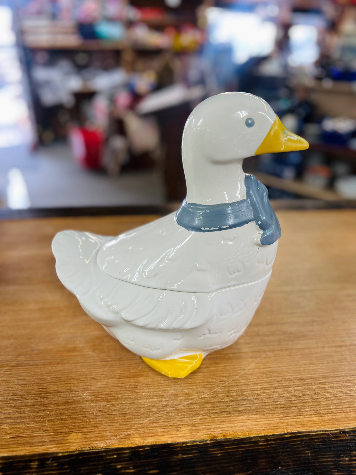 Vintage Mother Goose Cookie Jar with Blue Bow Scarf with Yellow Feet - Country Kitchen