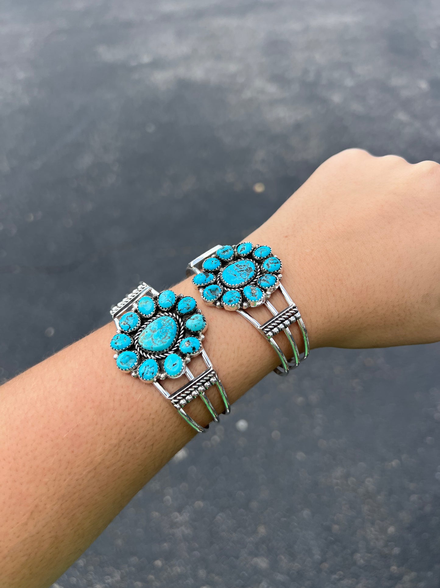 Genuine Kingman Turquoise Cluster Cuff Sterling Silver Bracelet