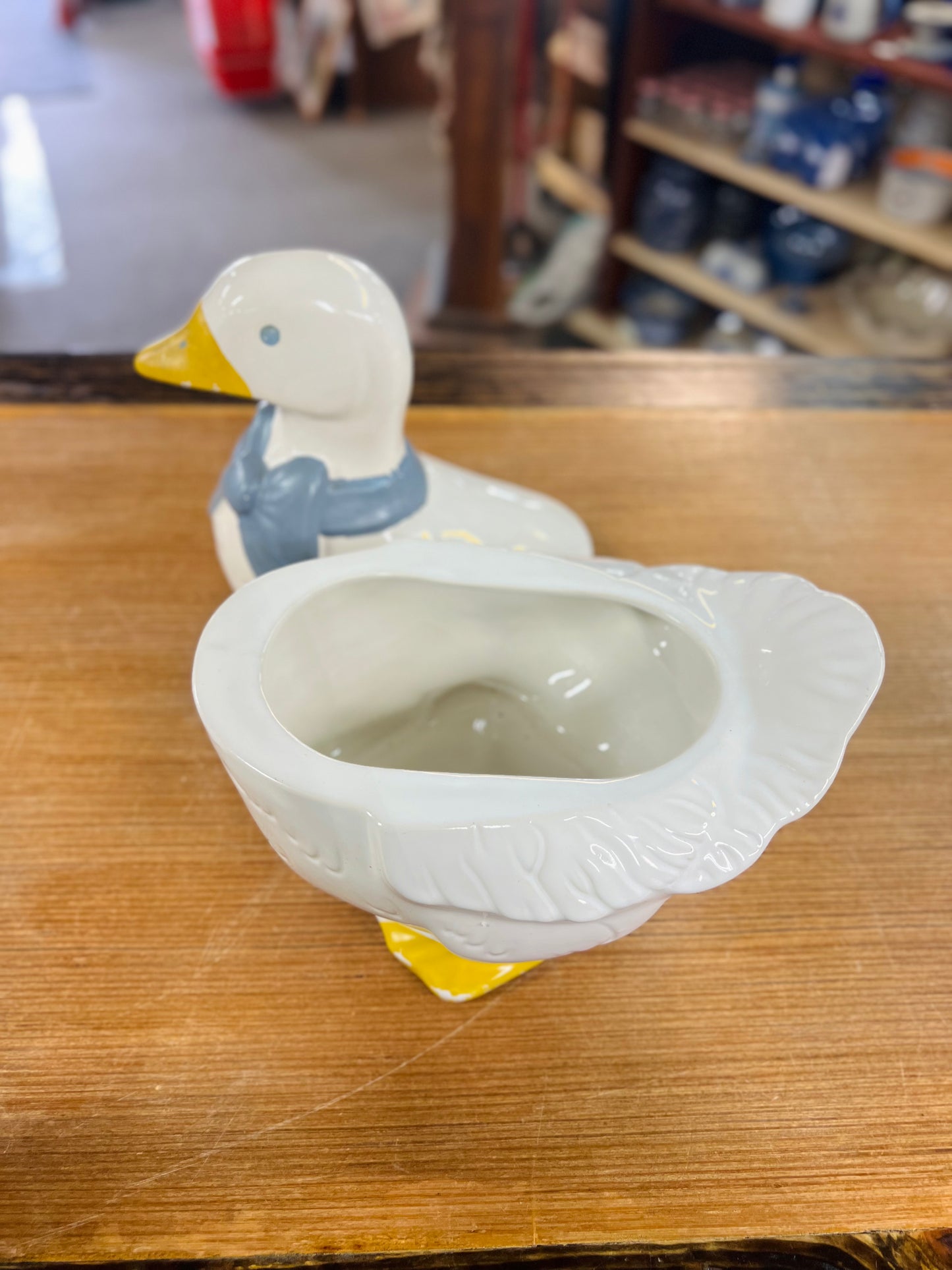 Vintage Mother Goose Cookie Jar with Blue Bow Scarf with Yellow Feet - Country Kitchen