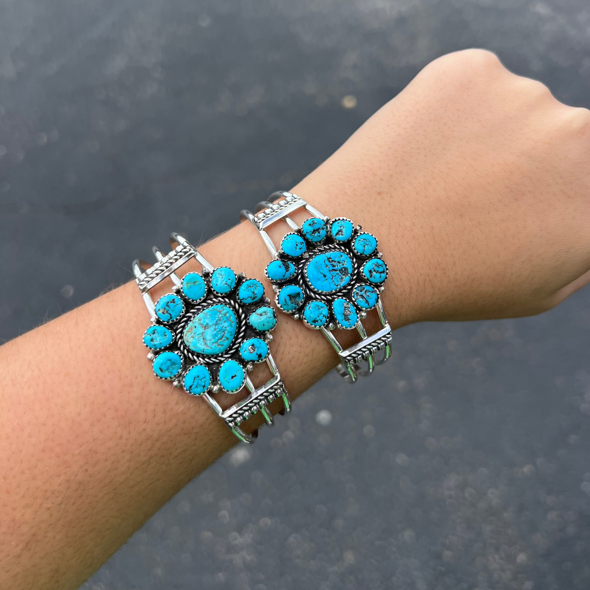 Genuine Kingman Turquoise Cluster Cuff Sterling Silver Bracelet