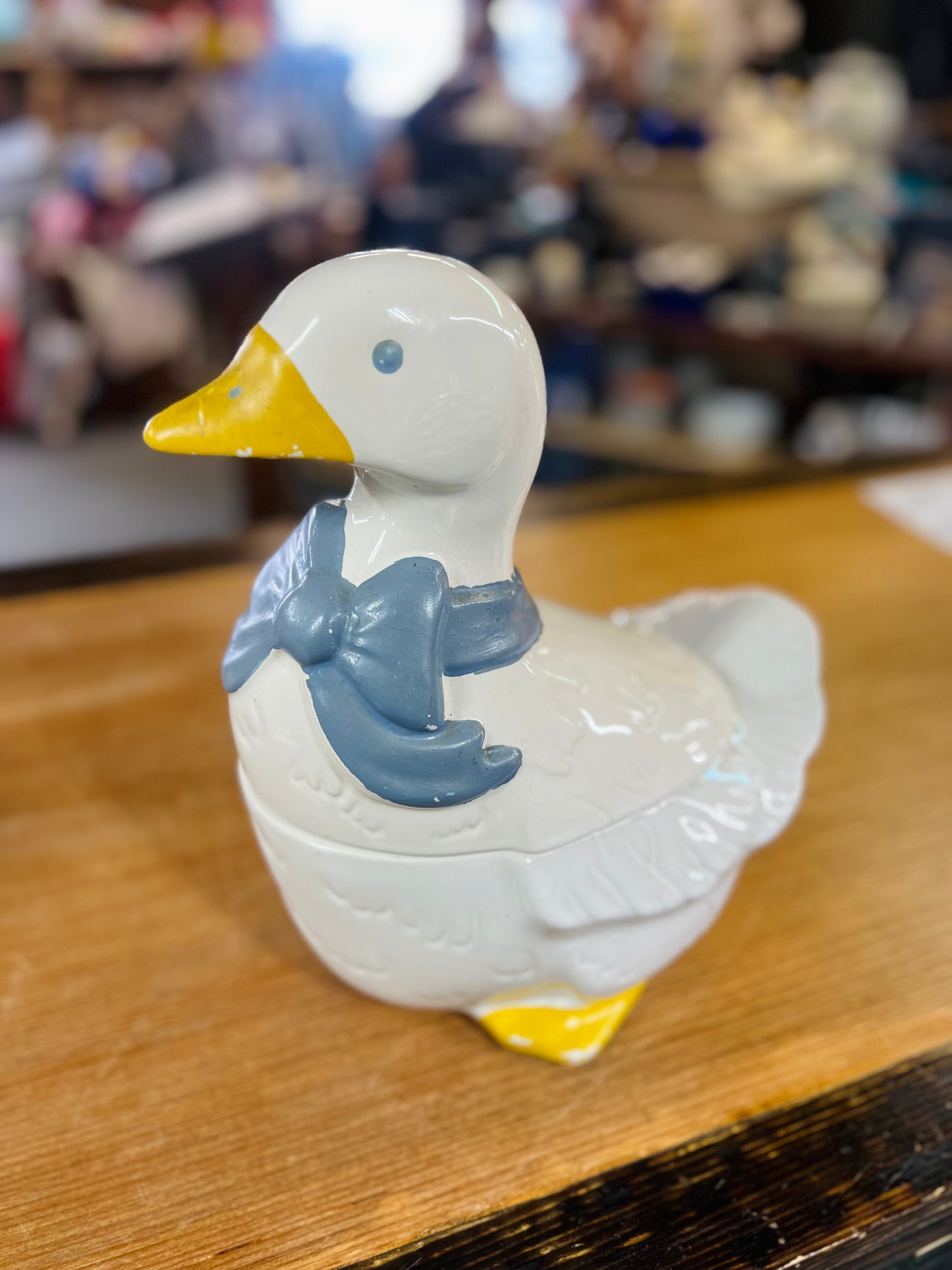 Vintage Mother Goose Cookie Jar with Blue Bow Scarf with Yellow Feet - Country Kitchen