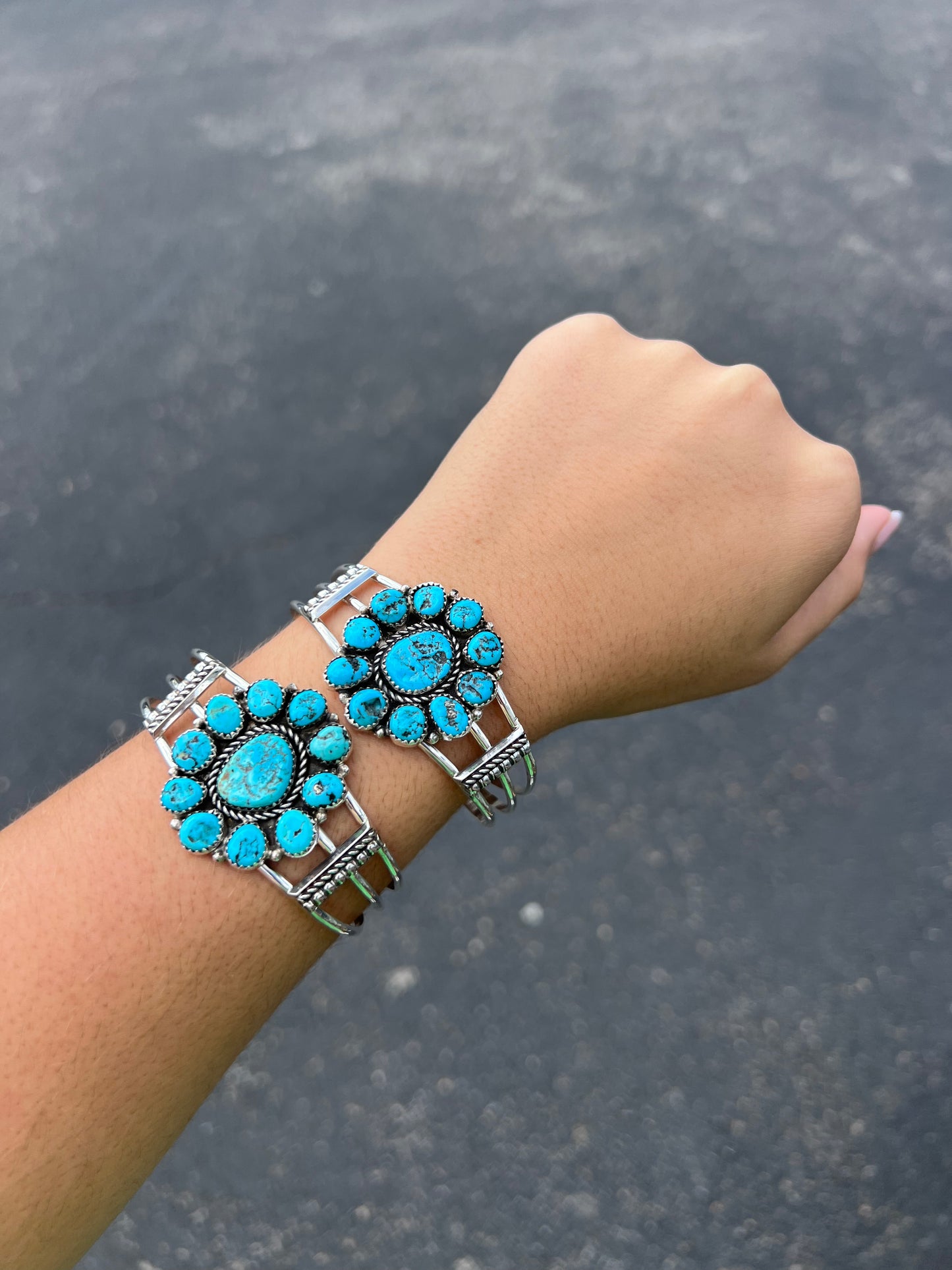 Genuine Kingman Turquoise Cluster Cuff Sterling Silver Bracelet