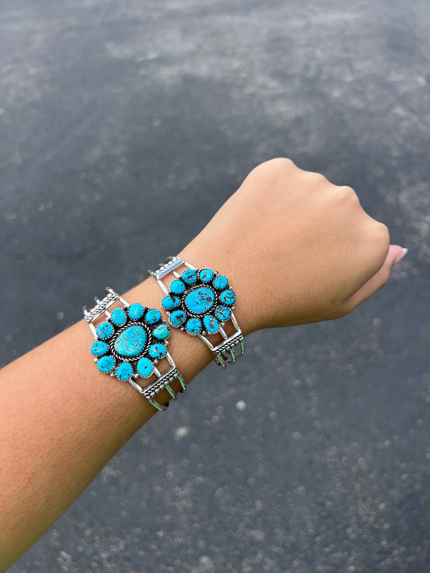 Genuine Kingman Turquoise Cluster Cuff Sterling Silver Bracelet