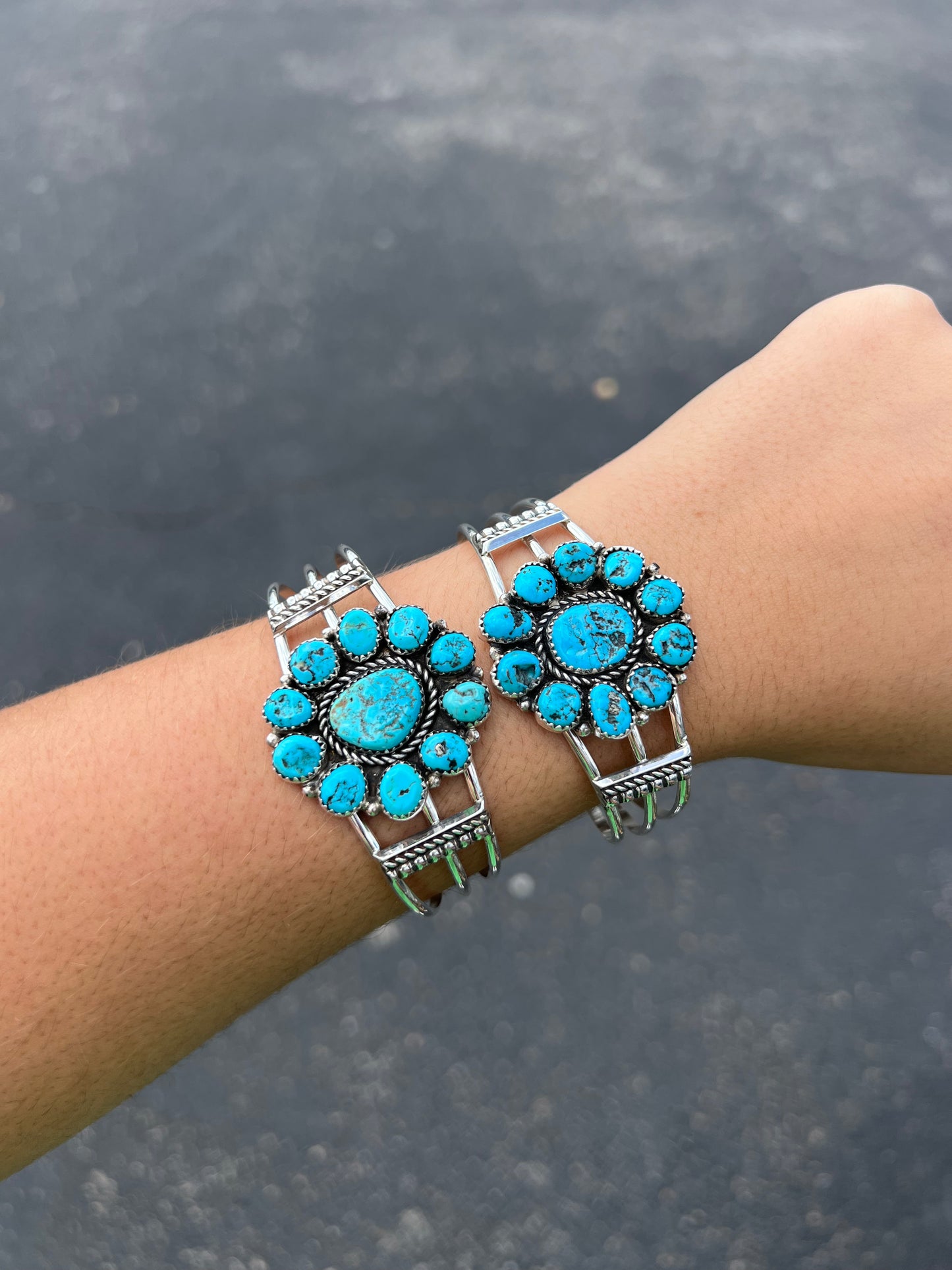 Genuine Kingman Turquoise Cluster Cuff Sterling Silver Bracelet