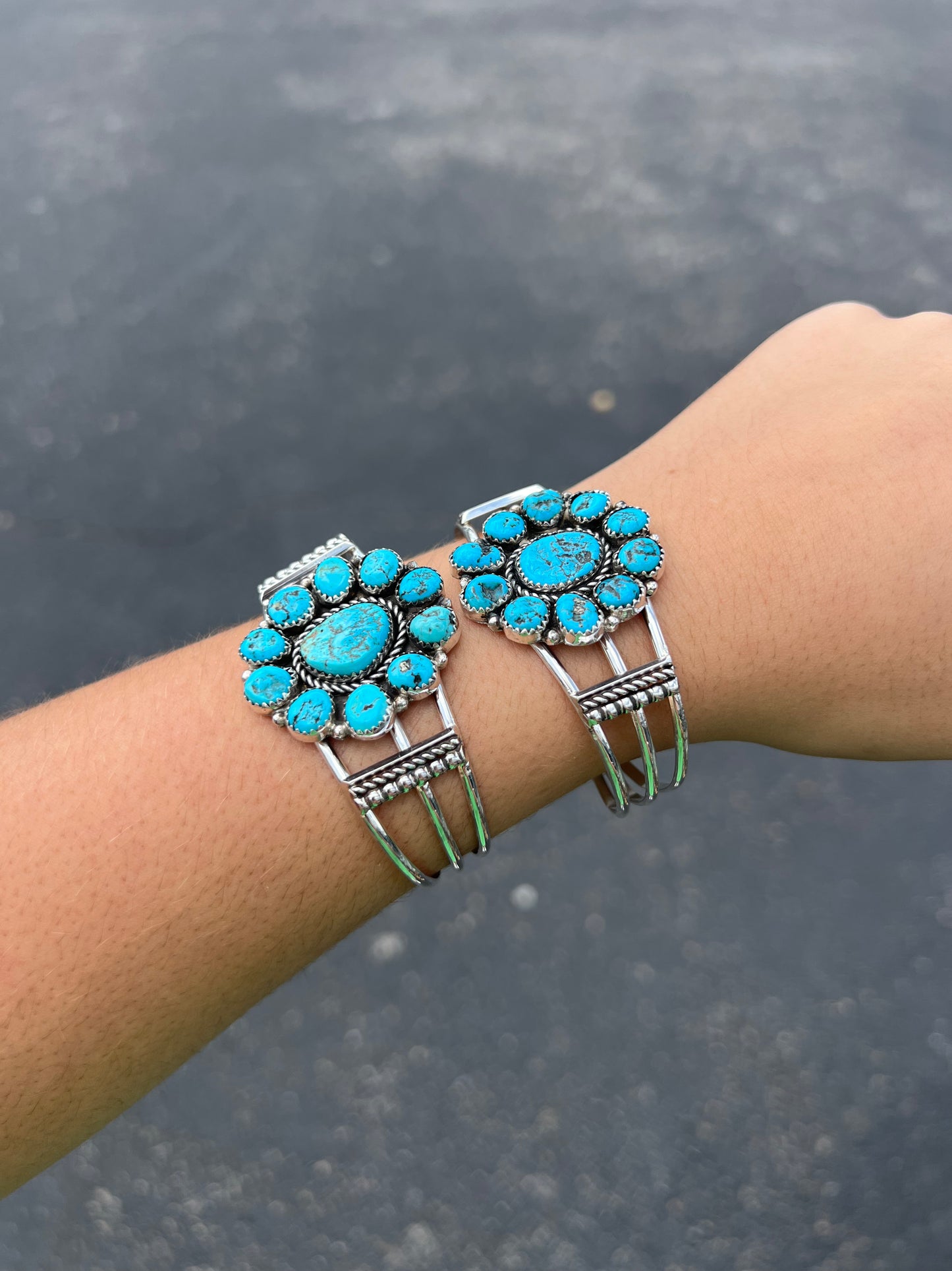 Genuine Kingman Turquoise Cluster Cuff Sterling Silver Bracelet