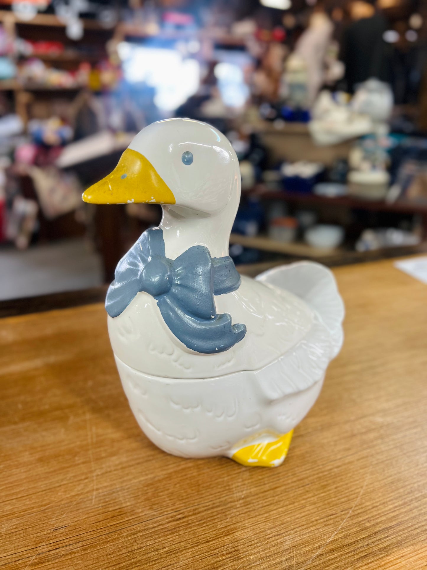 Vintage Mother Goose Cookie Jar with Blue Bow Scarf with Yellow Feet - Country Kitchen