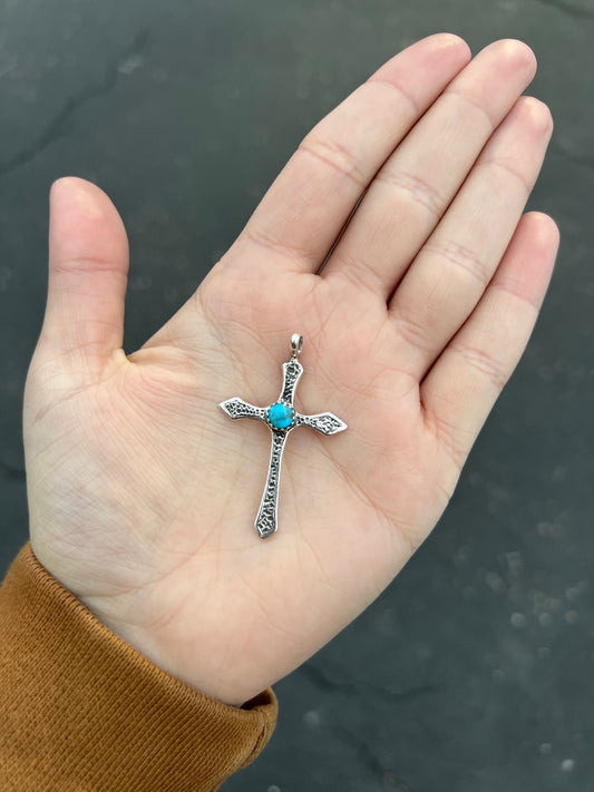 Stamped Sterling Silver Genuine Turquoise Cross Pendant