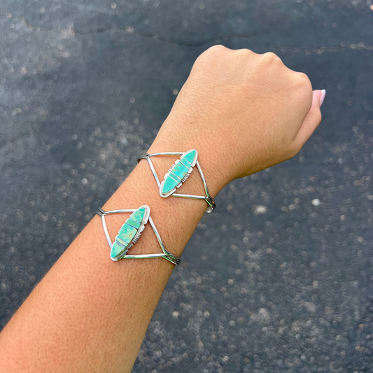 Genuine Green Kingman Turquoise Inlay Marquise Sterling Silver Cuff Bracelet