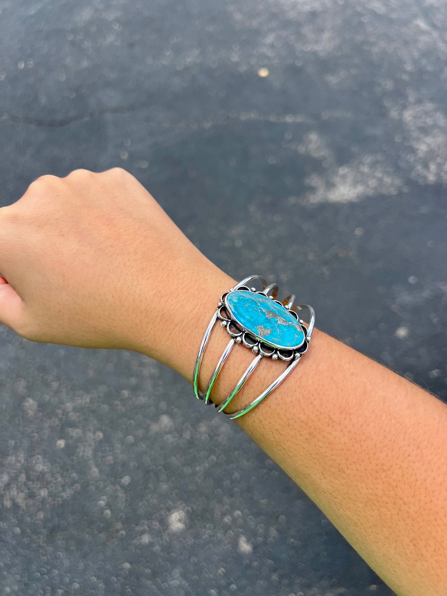 Genuine Turquoise Scalloped Border Sterling Silver Statement Cuff